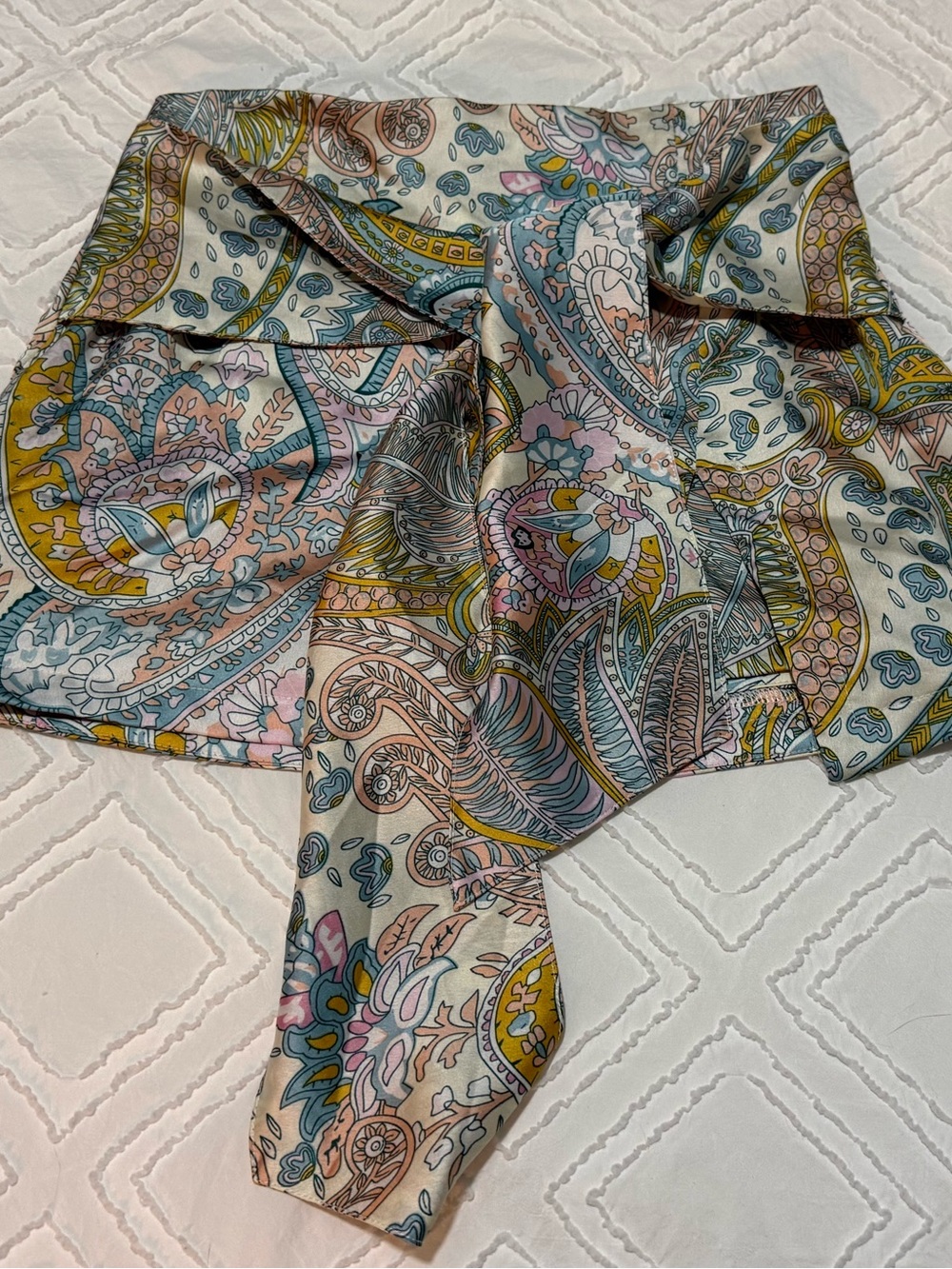 Lena Paisley Asymmetrical Mini Skirt in Pastel Pink, Blue & Mustard